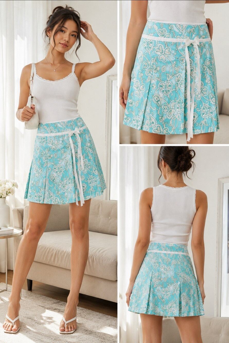 Y2K Coquette Preppy Coastal Forever 21 Pleated Mini Skirt Sz S Turquoise Paisley